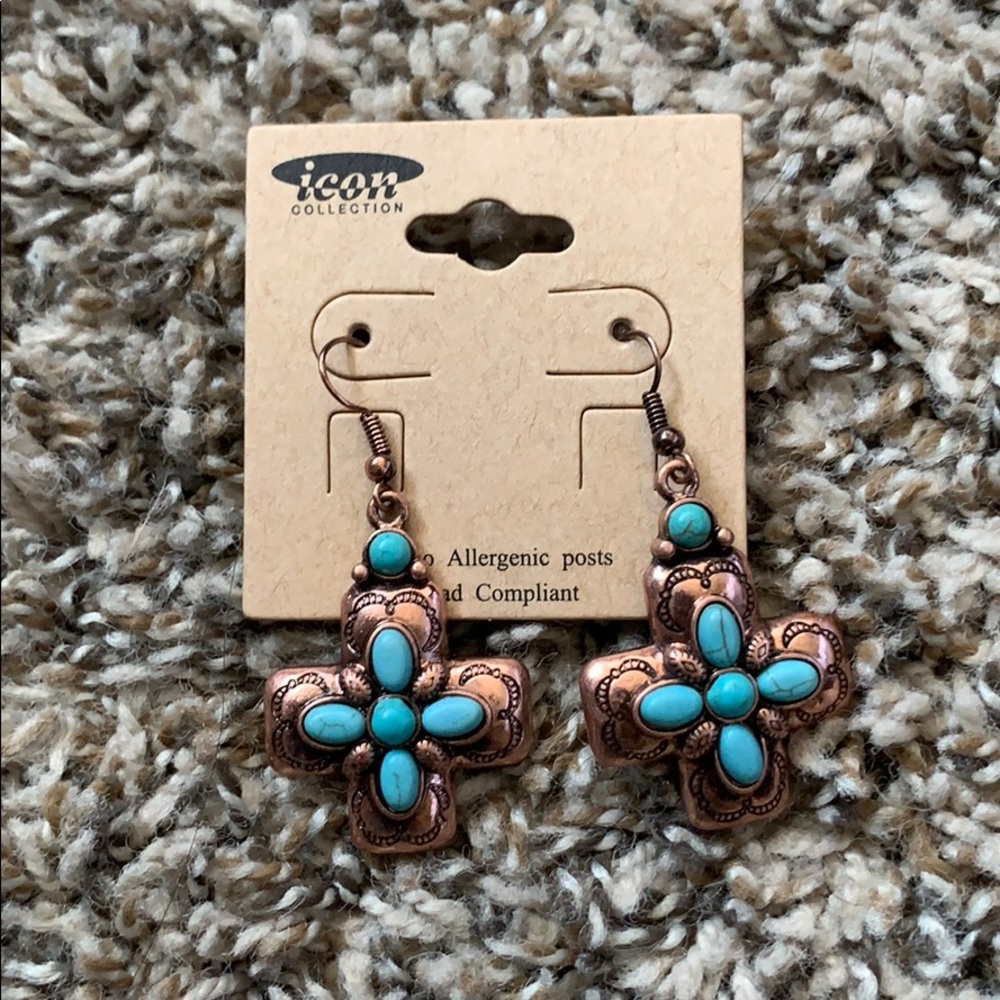 Icon Collection Turquoise/Brass Cross Earrings
